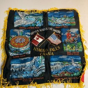 Vintage canada Niagara falls hands across the border fringe wall hanging.